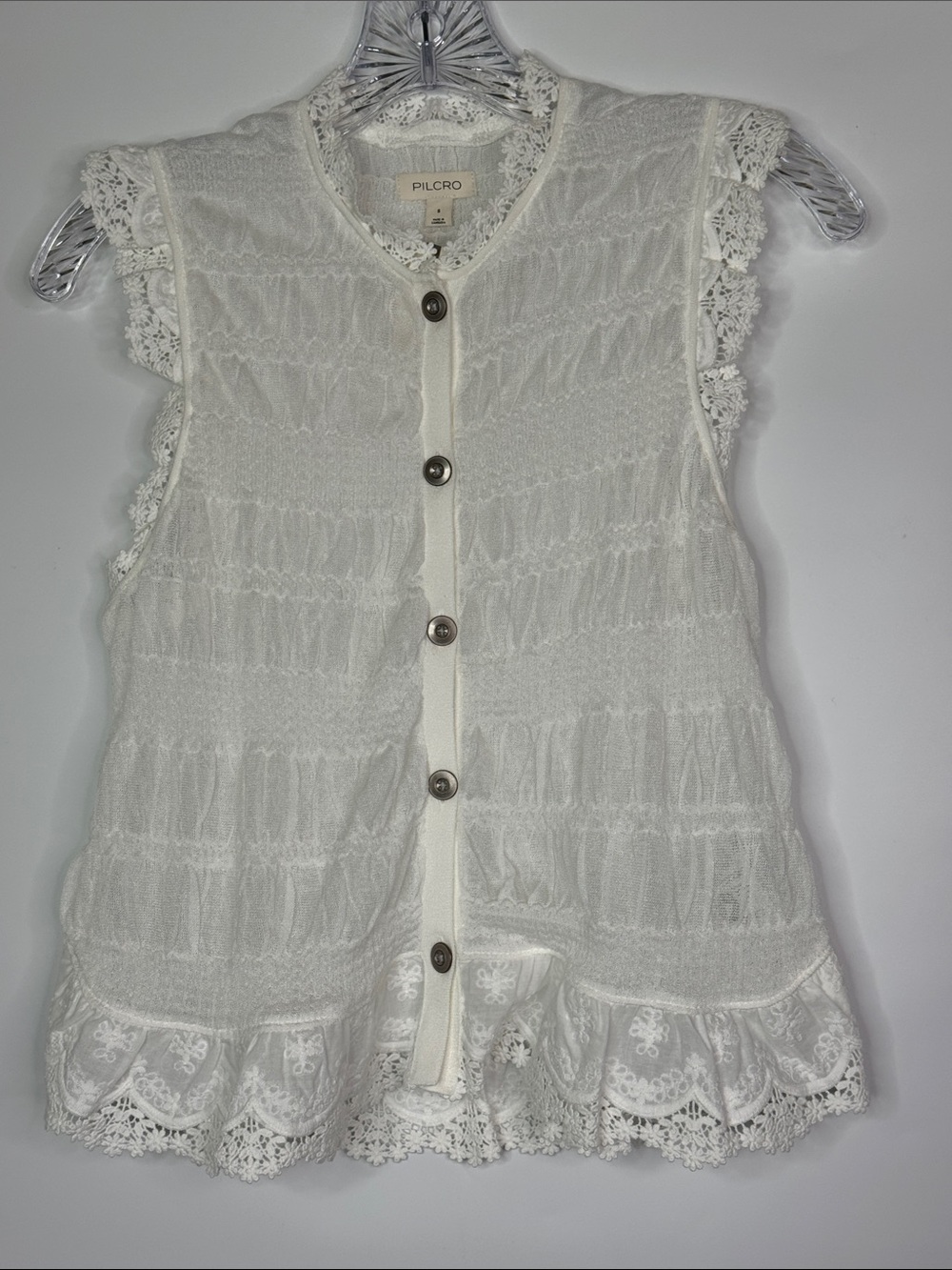 Anthropologie Pilcro White Shirred Lace Sleeveless Button Blouse Size Small NWT